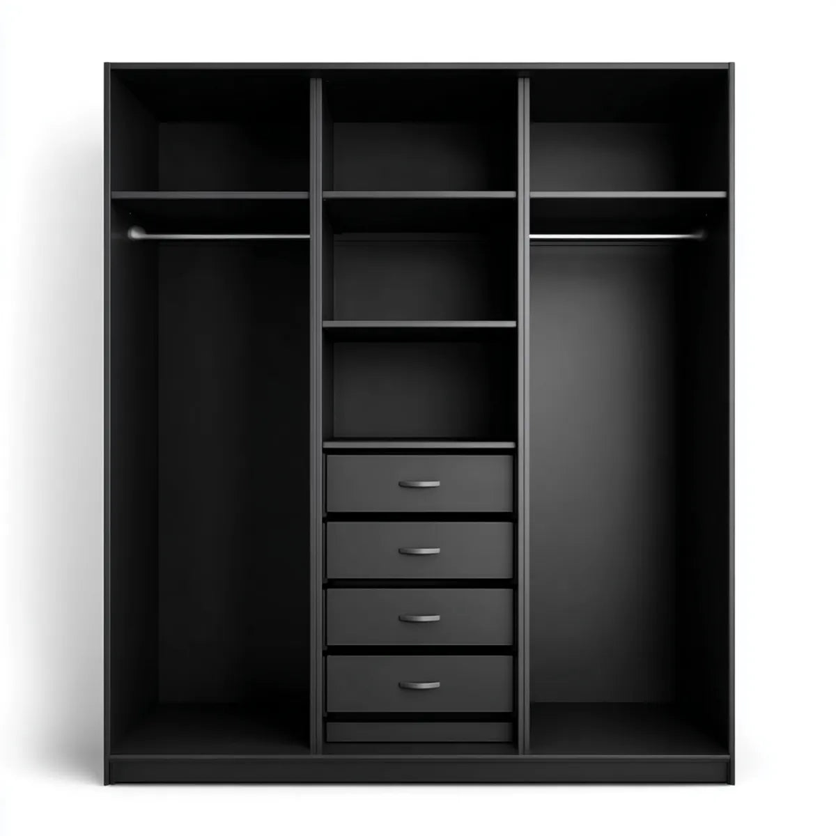 Offener Kleiderschrank Schwarz 180 x 60 x 200 cm aus melaminharzbeschichteter Spanplatte mit 4 Schubladen