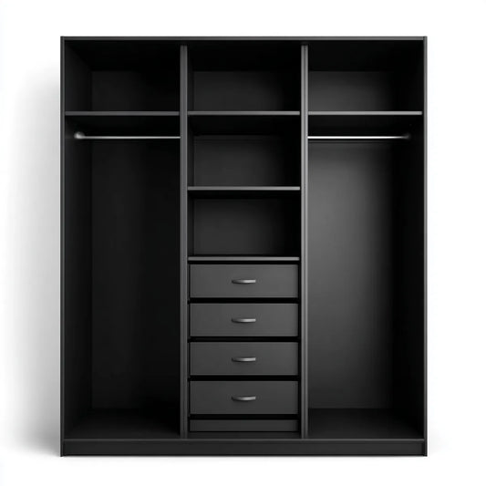 Offener Kleiderschrank Schwarz 180 x 60 x 200 cm aus melaminharzbeschichteter Spanplatte mit 4 Schubladen