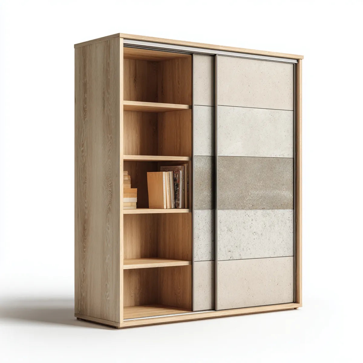 Schiebetürenschrank mit offenen Regalen Eiche hell Betonoptik 120 x 60 x 200 cm Spanplatte rechteckig